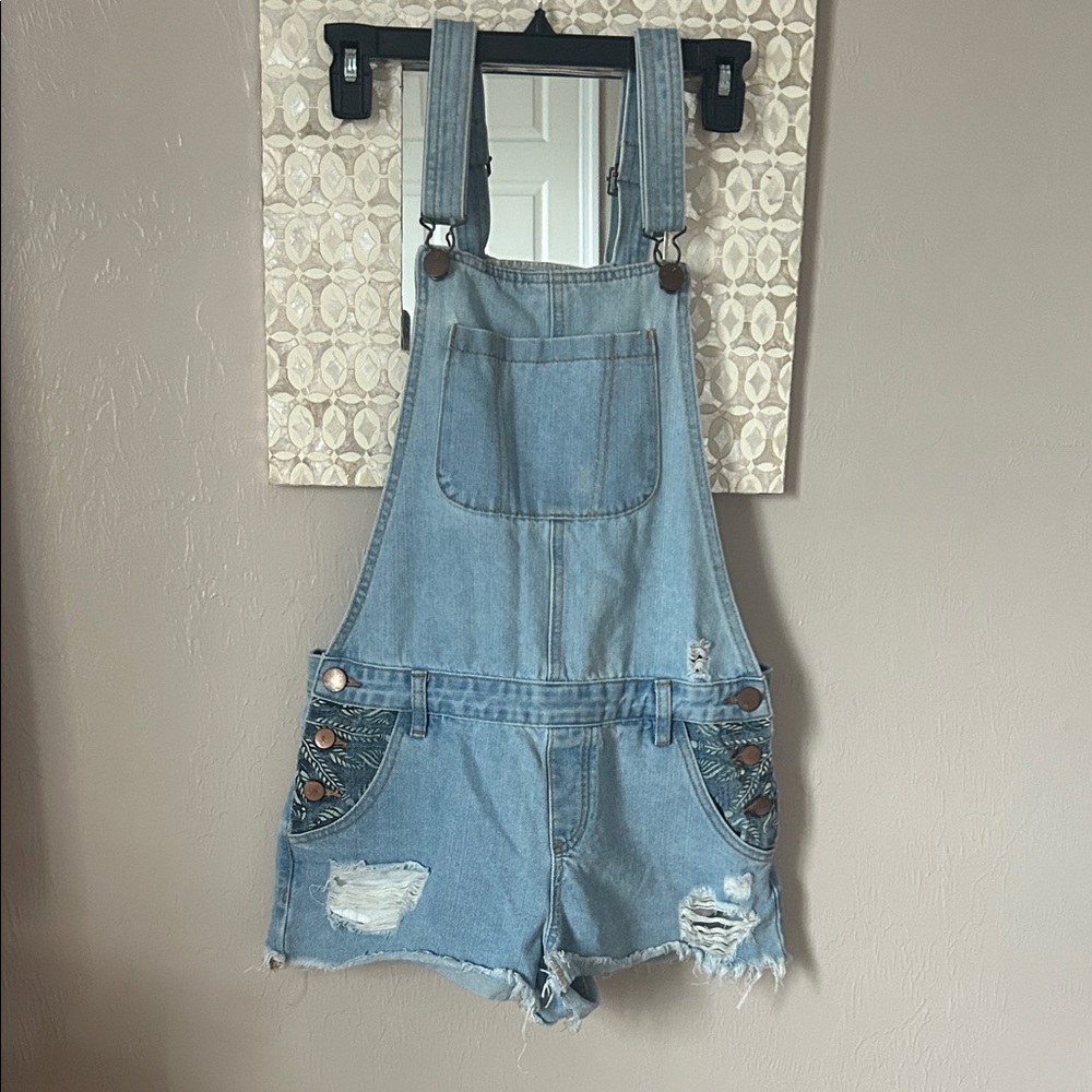 Light Blue Denim Short Overalls - Women's Distressed Jean Shorts